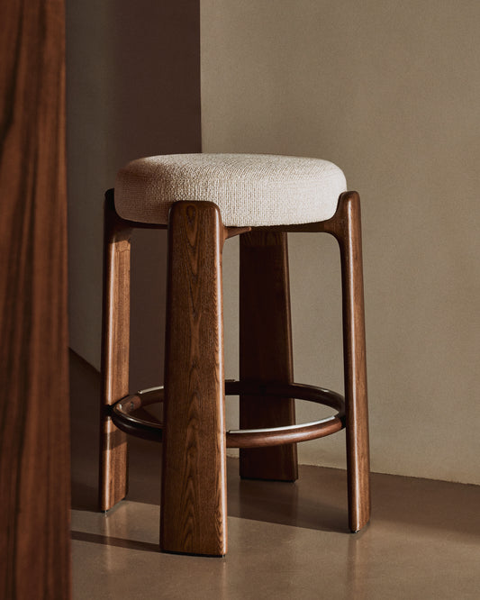 Granite stool in beige chenille and solid ash wood with walnut-coloured finish FSC 100% 65cm