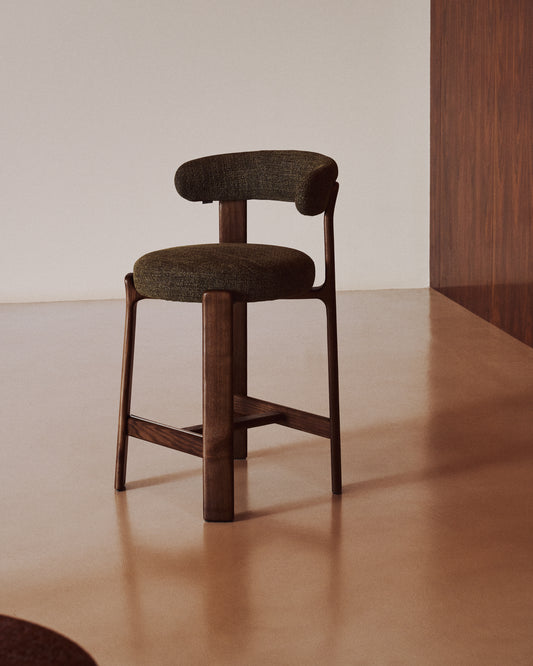 Granite stool in green chenille and solid ash wood with walnut-coloured finish FSC 100% 65cm