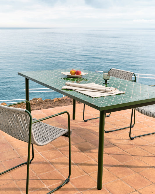 Maurina outdoor table in green galvanised steel with green tiles 182 x 91cm