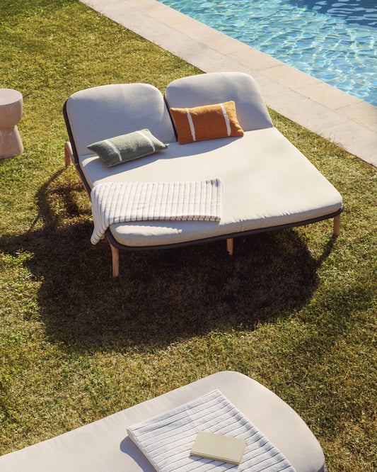 Alipa double sun lounger in FSC 100% solid acacia wood and dark grey rope cord