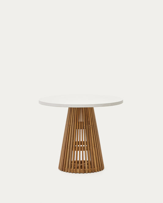 Alcaufar round outdoor table made of solid teak wood and white cement Ø 90 cm