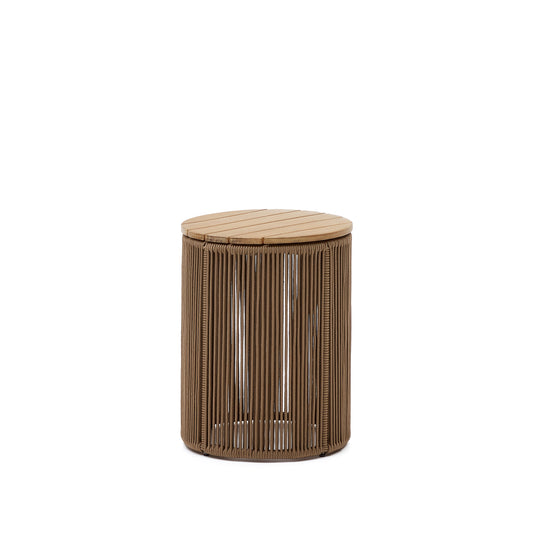 Dandara side table made of steel, beige cord and solid acacia wood, Ø40 cm FSC 100%