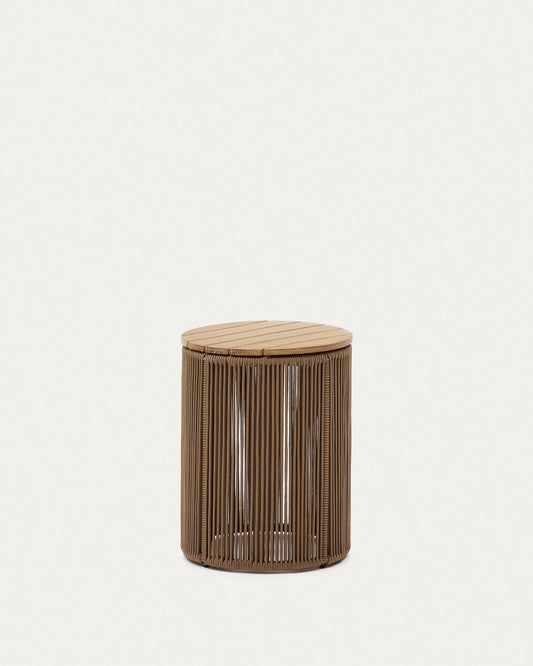 Dandara side table made of steel, beige cord and solid acacia wood, Ø40 cm FSC 100%