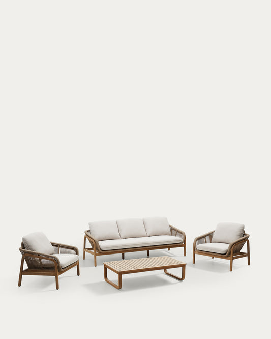 Vellana set: 3-seater sofa, 2 armchairs and coffee table made from FSC 100% solid acacia