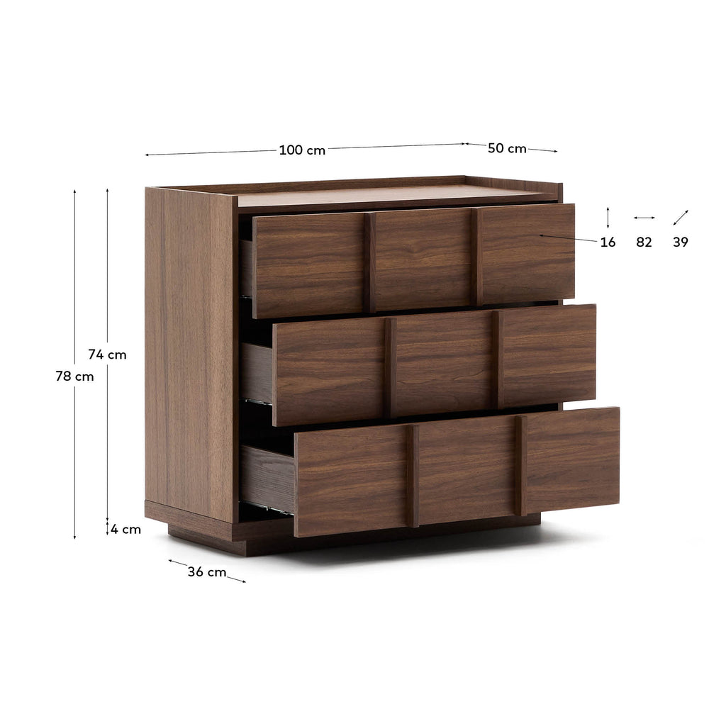 Onix chest of drawers with 3 drawers, walnut veneer, dark finish, 100x78cm FSC Mix Credit