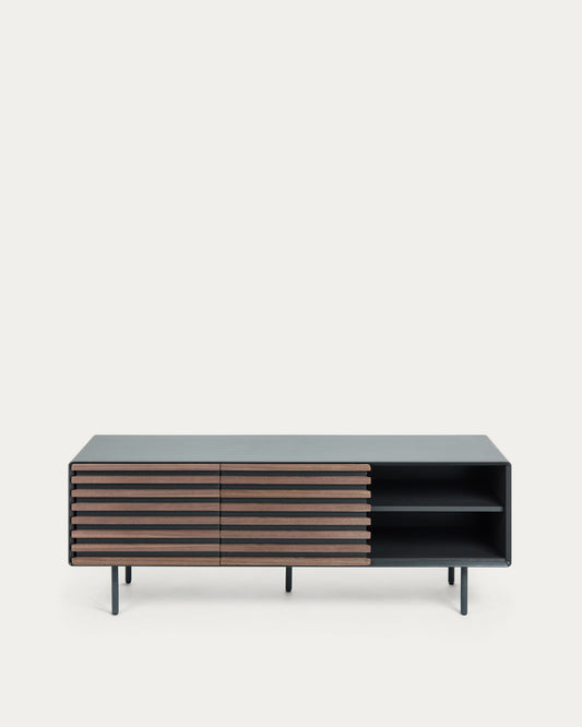 Kesia TV stand with walnut wood veneer with black lacquer & black steel