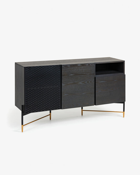 Milian ash wood veneer 3 door sideboard with steel finished in black & gold, 159 x 85 cm