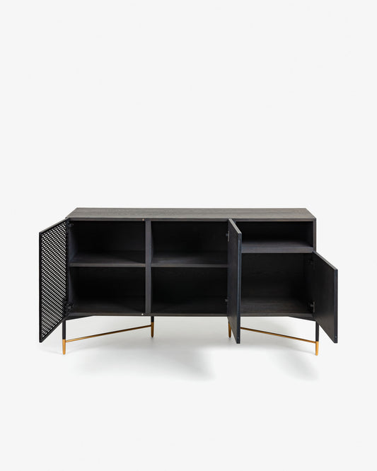 Milian ash wood veneer 3 door sideboard with steel finished in black & gold, 159 x 85 cm