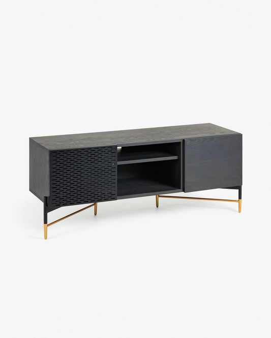 Milian ash wood veneer 2 door TV stand with steel finished in black & gold, 141 x 56 cm