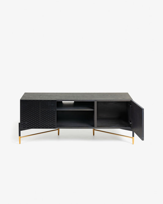 Milian ash wood veneer 2 door TV stand with steel finished in black & gold, 141 x 56 cm