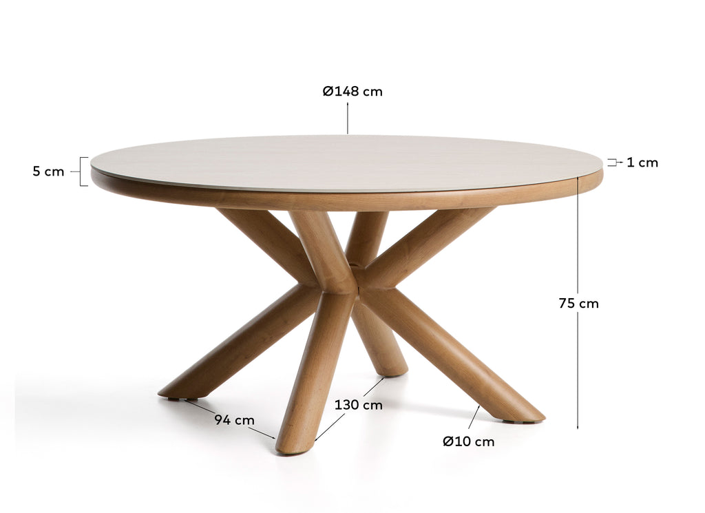 Mirtia outdoor table in wood-effect aluminium and ecru sintered stone Ø 148cm
