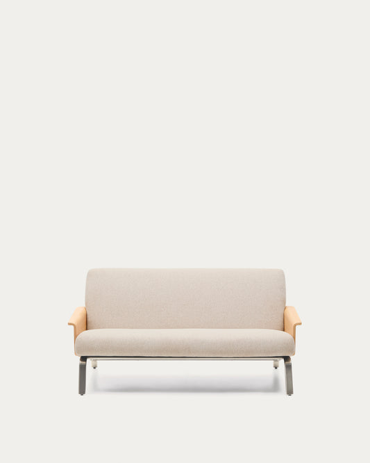 Amsen beige 2-seater sofa in oak plywood with brushed stainless steel legs 150cm