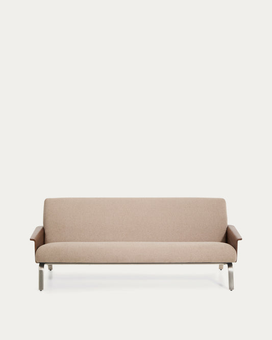 Amsen light brown 3-seater sofa in walnut plywood with brushed stainless steel legs 190cm