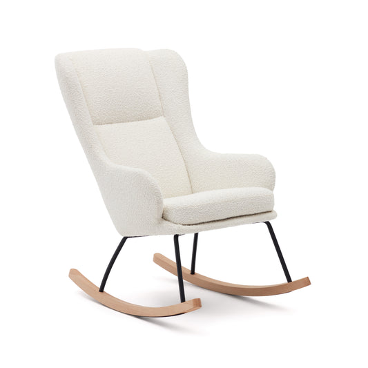 Maustin rocking chair in white bouclé with a black steel structure and beech wood