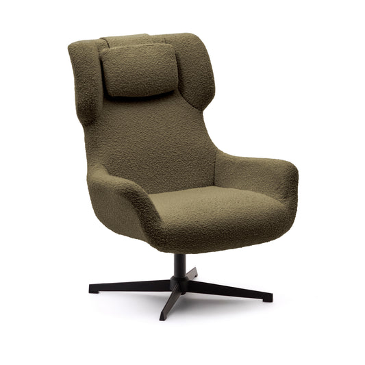 Zalina swivel armchair in dark green bouclé and steel with black finish FSC 100%