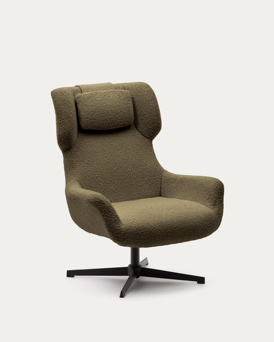 Zalina swivel armchair in dark green bouclé and steel with black finish FSC 100%