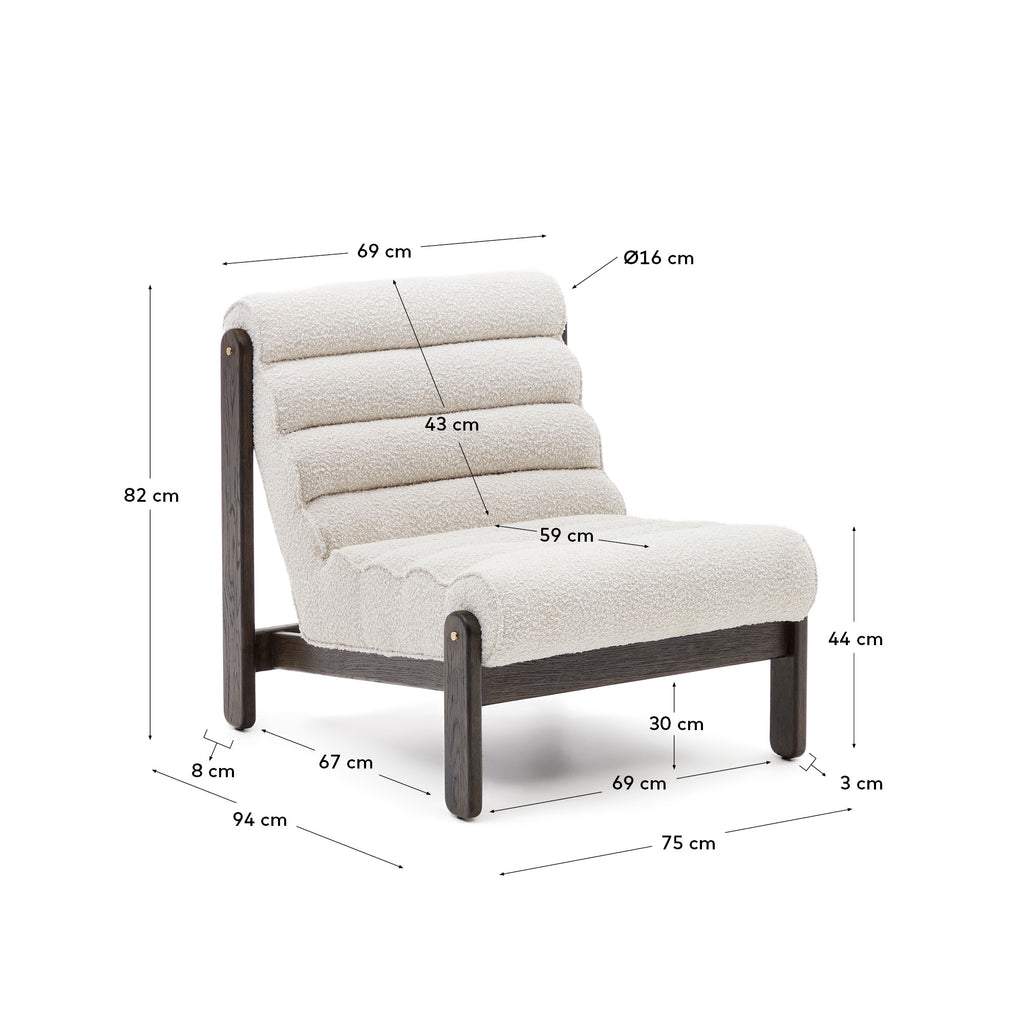 Magira armchair in white bouclé and solid oak wood with a dark finish