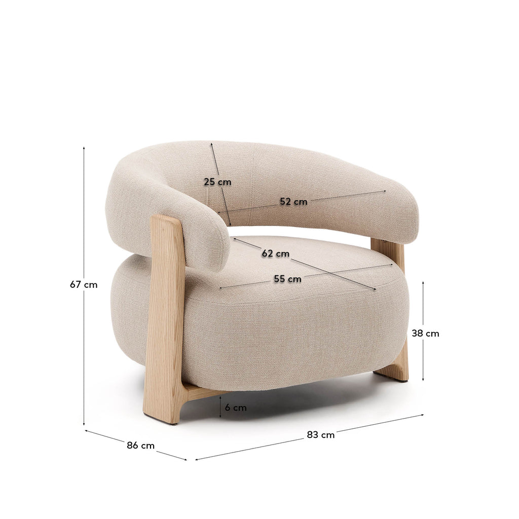 Granite beige chenille armchair with solid ash wood legs in a natural finish FSC 100%