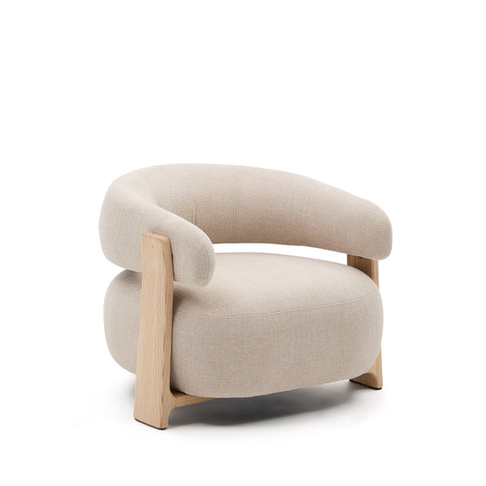 Granite beige chenille armchair with solid ash wood legs in a natural finish FSC 100%