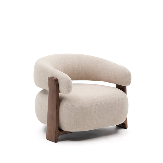 Granite beige chenille armchair with solid ash wood legs in a walnut finish FSC 100%