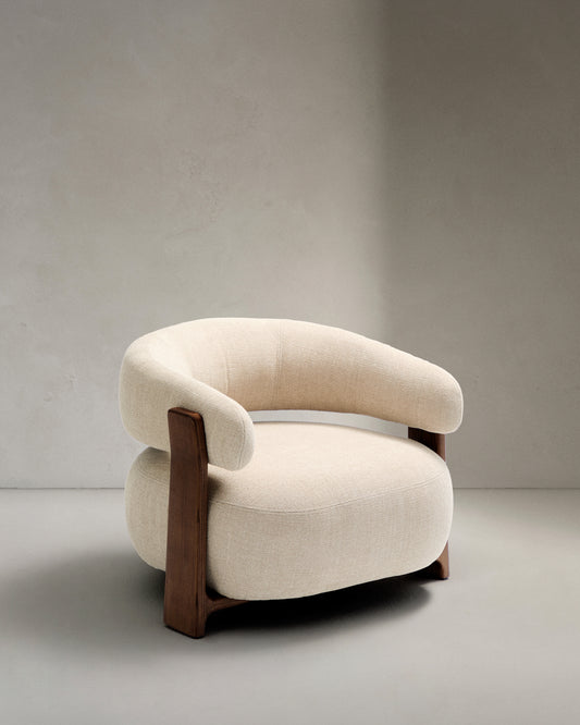 Granite beige chenille armchair with solid ash wood legs in a walnut finish FSC 100%