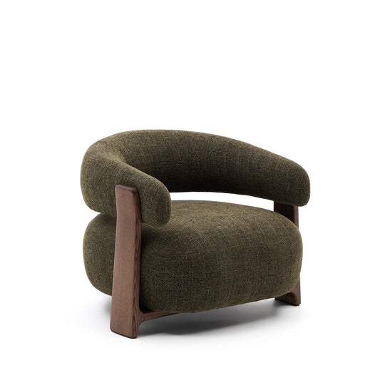 Granite green chenille armchair with solid ash wood legs in a walnut finish FSC 100%