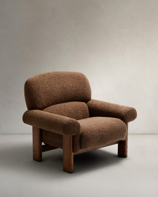 Nema armchair in taupe bouclé with solid ash wood legs in a walnut finish FSC 100%