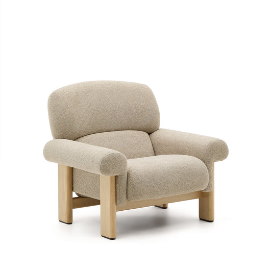 Nema armchair in beige chenille with solid ash wood legs in a natural finish FSC 100%