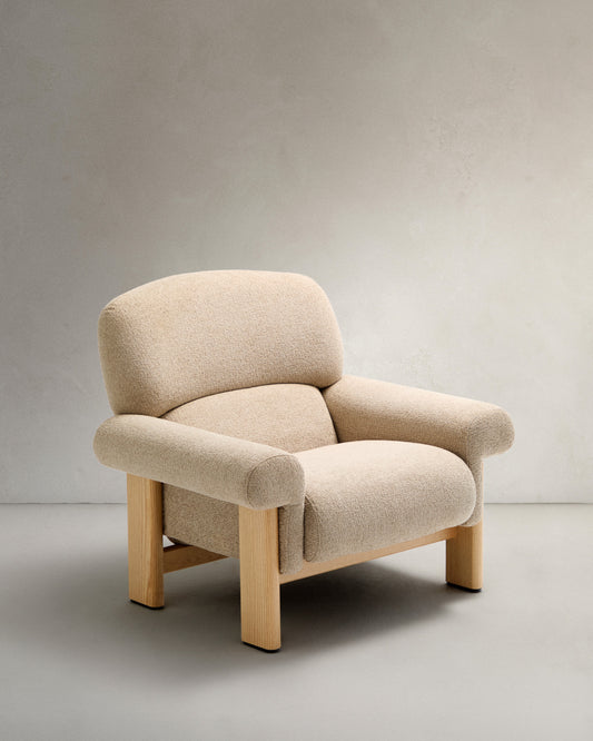 Nema armchair in beige chenille with solid ash wood legs in a natural finish FSC 100%