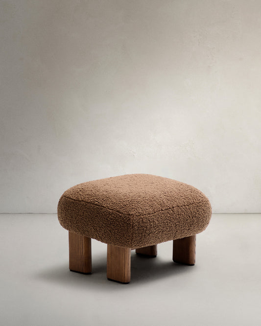 Nema taupe bouclé footstool with solid ash wood legs walnut finish 65x55.4cm FSC 100%