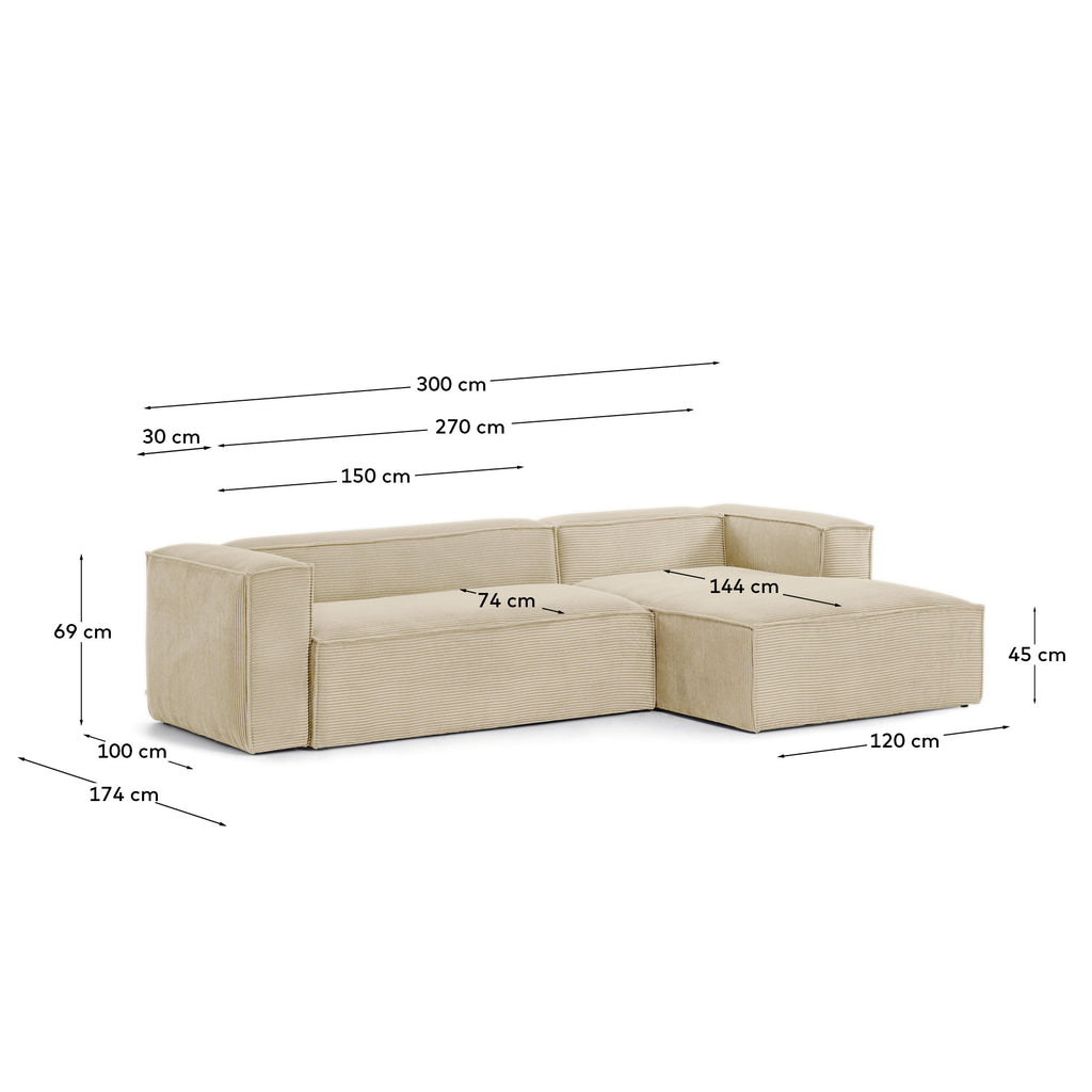 Blok 3-seater sofa with right chaise longue thick taupe corduroy 300 cm