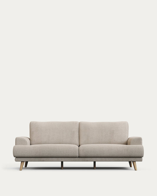 Karin 3-seater sofa beige with solid beech wood legs with natural finish, 231 cm