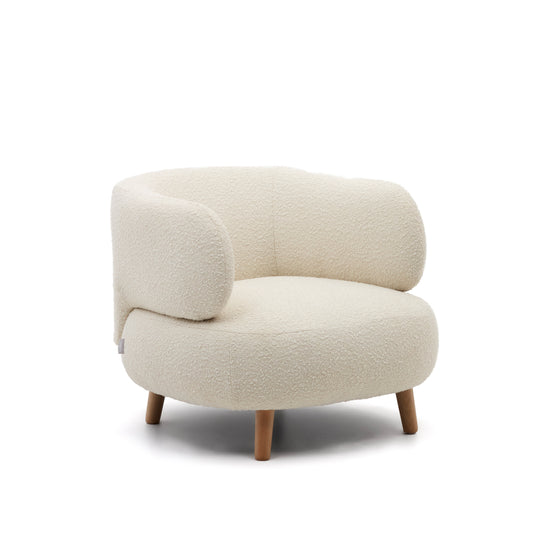 Luisa armchair in white bouclé with solid beech wood legs