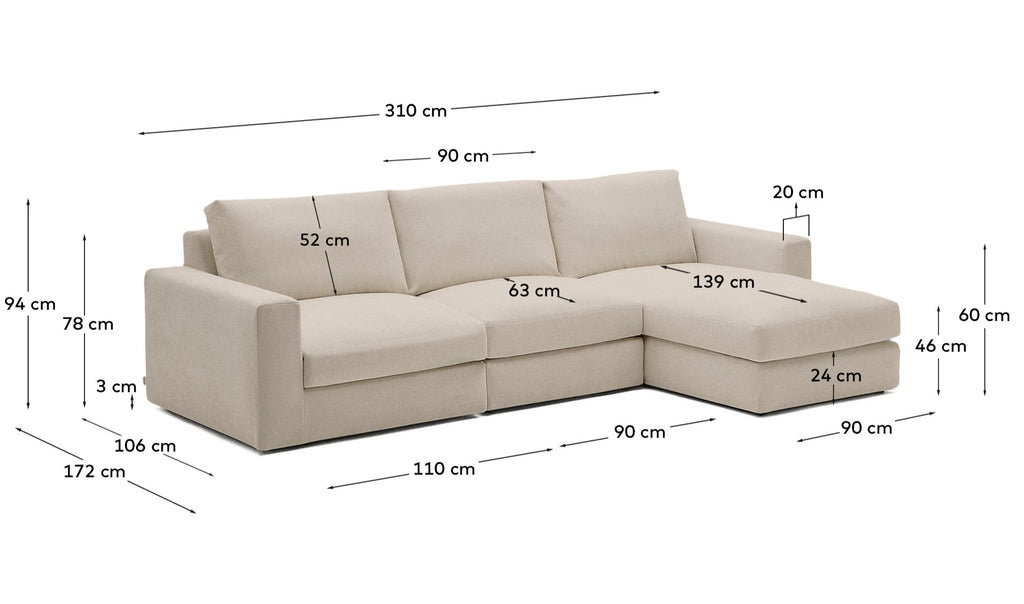 Alea removable cover modular sofa 4-seater in light brown chenille right chaise longue 310 cm