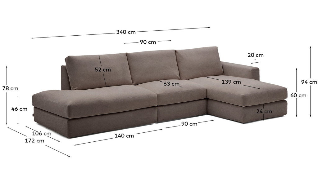 Alea removable cover modular sofa 5-seater in dark brown chenille right chaise longue 340 cm