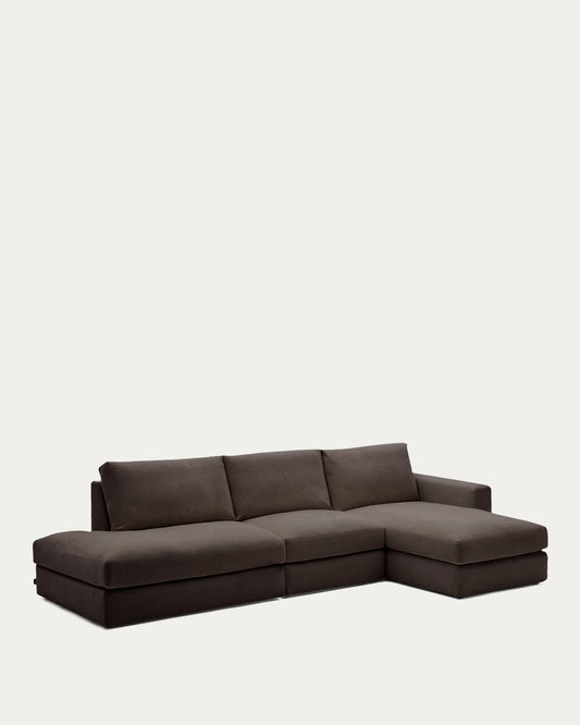 Alea removable cover modular sofa 5-seater in dark brown chenille right chaise longue 340 cm