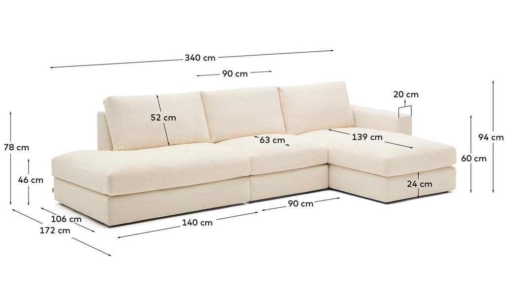 Alea removable cover modular sofa 5-seater in natural chenille right chaise longue 340 cm