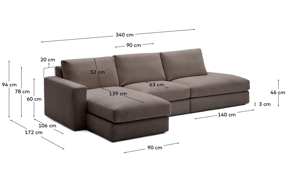 Alea removable cover modular sofa 5-seater in dark brown chenille left chaise longue 340 cm