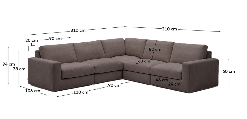 Alea removable cover modular sofa 5-seater in dark brown 310 x 310 cm