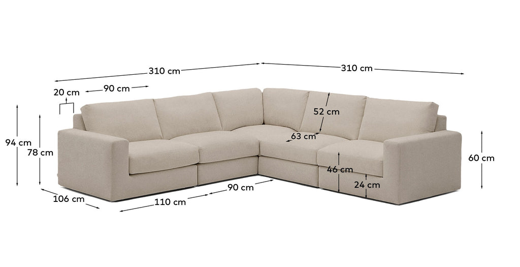 Alea removable cover modular sofa 5-seater in light brown 310 x 310 cm