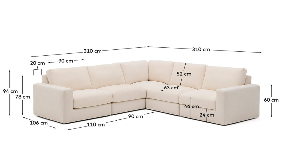 Alea removable cover modular sofa 5-seater in chenille 310 x 310 cm