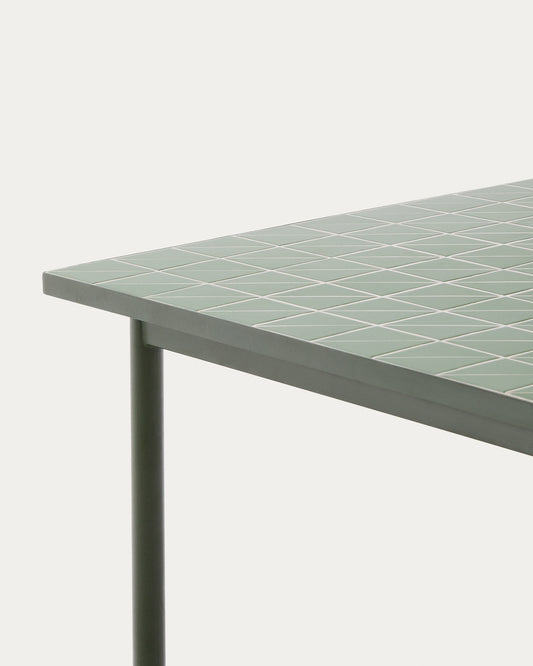 Maurina outdoor table in green galvanised steel with green tiles 182 x 91cm