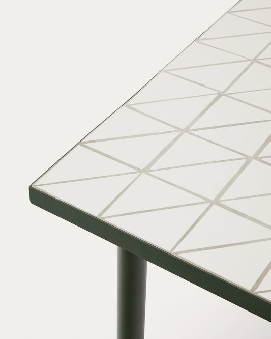 Maurina outdoor table in green galvanised steel with ecru-colored tiles 182 x 91cm