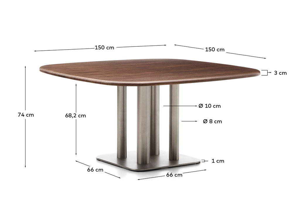 Melvar table made from walnut veneer and legs with brushed stainless steel base 150 x 150cm