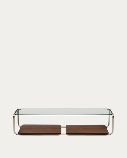 Tarsel coffee table in tempered glass with walnut veneer tray with brushed stainless steel structure 140 x 60cm