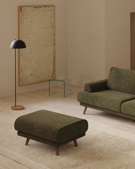 Karin footrest in green chenille with solid beech wood legs 90 x 70 cm