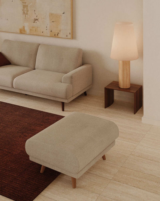 Karin footrest in beige chenille with walnut-coloured solid beechwood legs 90 x 70 cm