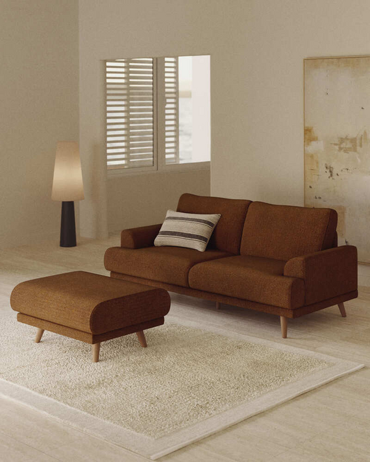 Karin footrest in dark orange chenille with solid beech wood legs 90 x 70 cm