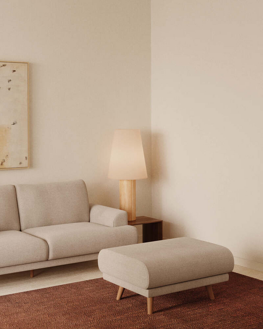 Karin footrest in beige chenille with solid beech wood legs 90 x 70 cm